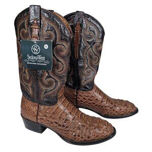 Sedona West Mens Cowboy Boots Leather Crocodile Print Cognac Brown Mens 7.5D NWT